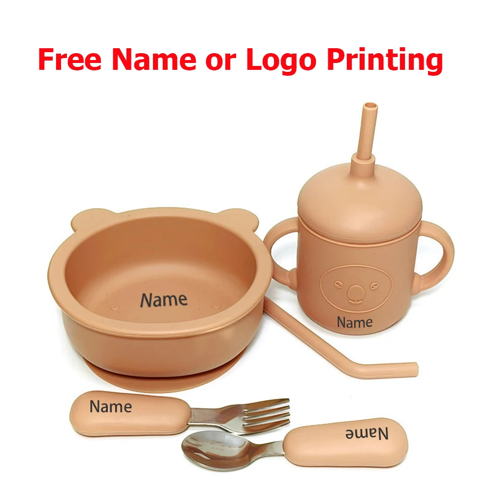 5-Piece Children's Tableware Set with Free Name Printing on Kids' Bowl. Personalized silicone tableware—a unique gift for babies