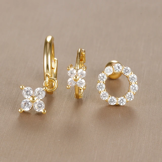 3PCS Vintage Design Four Flower Zircon Hoop Earrings Set for Women Tiny Stainless Steel Cartilage Piercing Earring Jewelry Gift 6