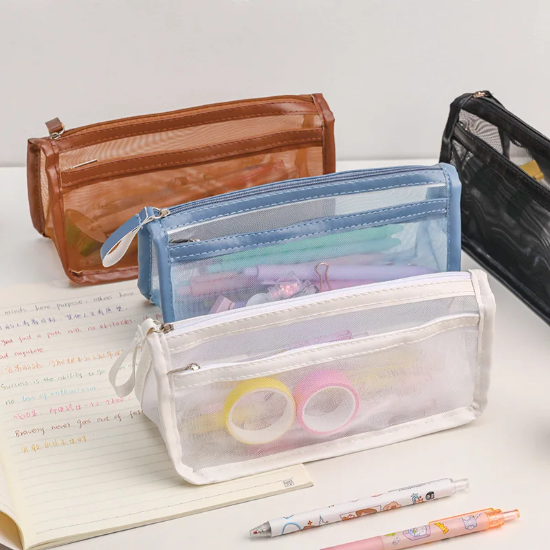 CHEN LIN 1Pcs Transparent Double Layer Examination Mesh Pencil Case for Girls Boys Pencil Holder Bag Large Capacity Pencil Box