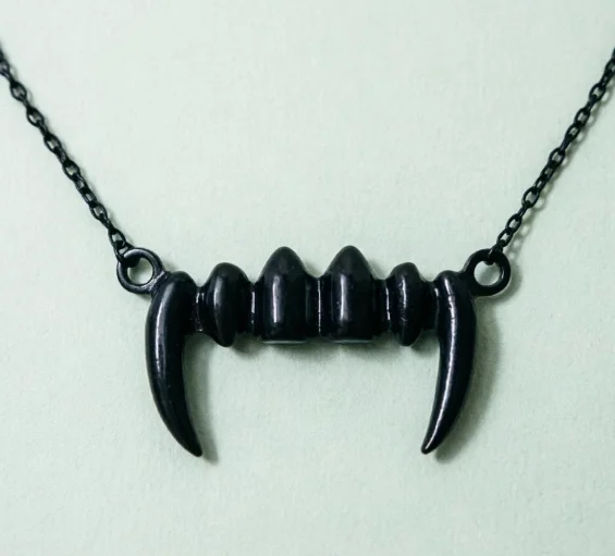 Gothic Black Vampire Teeth Charm Necklace - Unique NUGOTH Jewelry with Bleeding Tusk Pendant Gift