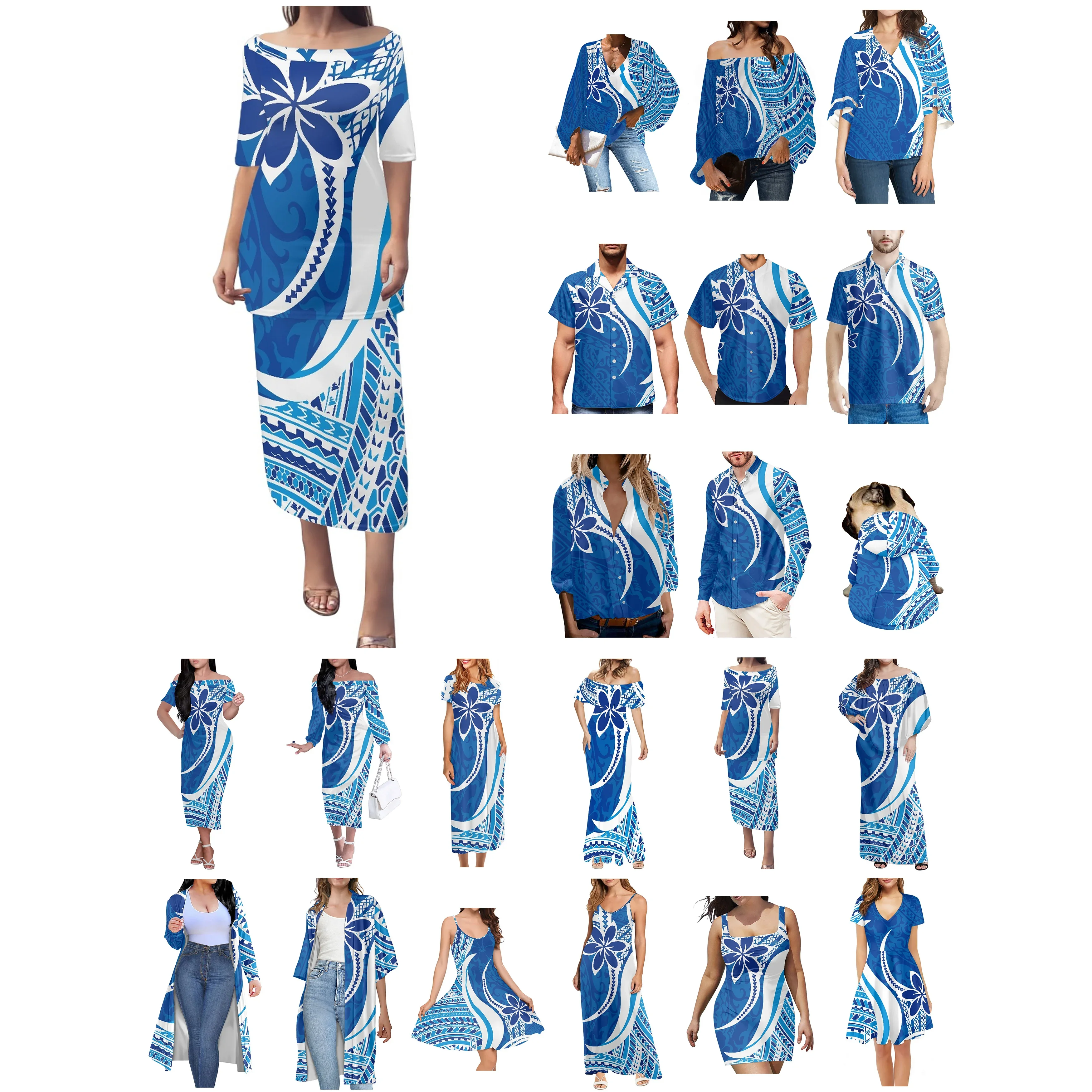 Polynesian Tonga Hawaiian Fiji Guam Samoan Pohnpei Tribal Tattoo Blue Prints Couple Clothes Suits Women Dress Matching Men Shirt