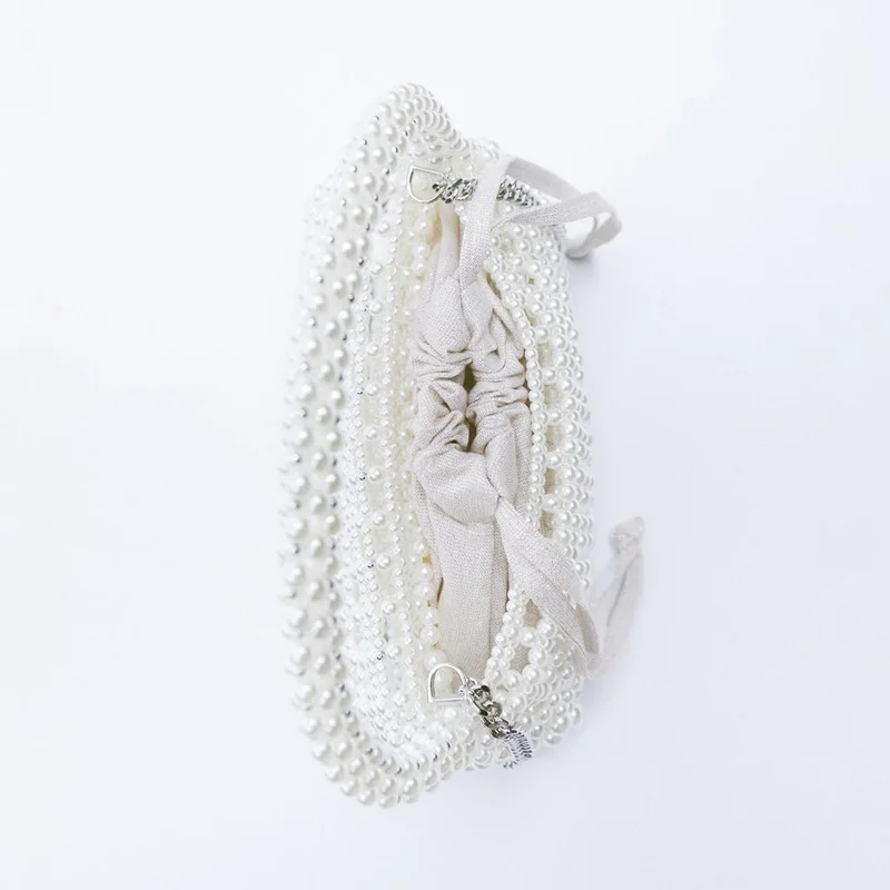 New Pearl Beaded Bag White Beaded Fairy Portable Messenger Bags with Chain Female Purses and Handbags Cross Body Bag Woman