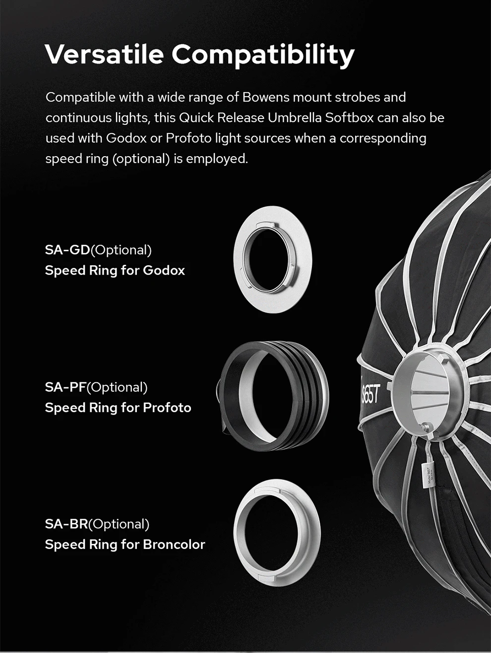 65CM/85CM/120CM Quick installation Umbrella style Silver Wide Angle Beauty Dish
