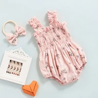 Infant Baby Girl's Sleeveless Jumpsuit Floral Print Elastic Bust Shoulder Straps Romper Bow Headband 5