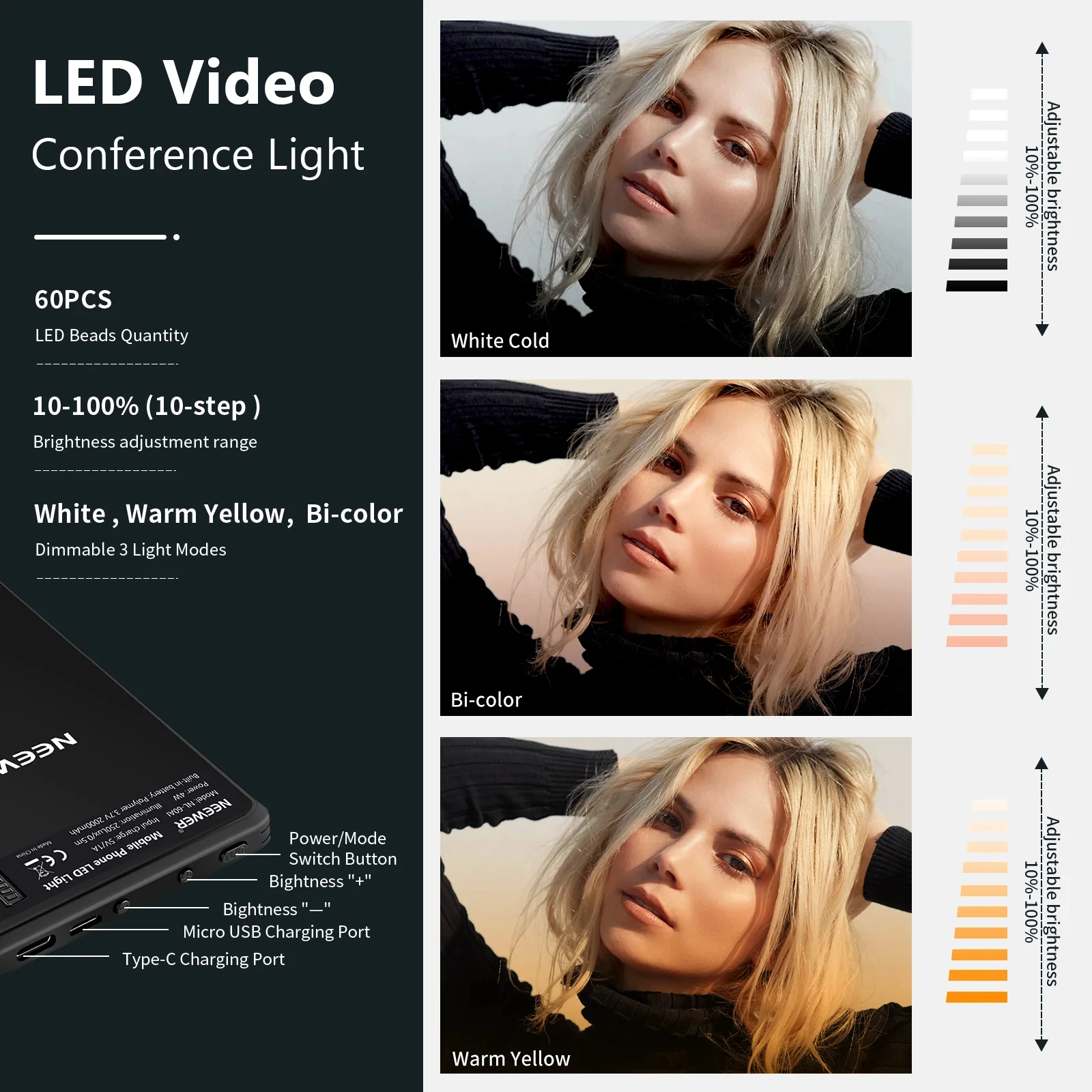 NEEWER NL-60AI LED 화상 회의 조명, 삼성 아이폰용 전면 및 후면 전화 클립 포함, 이중 색상 셀카 조명, 60LED, 2000mah
