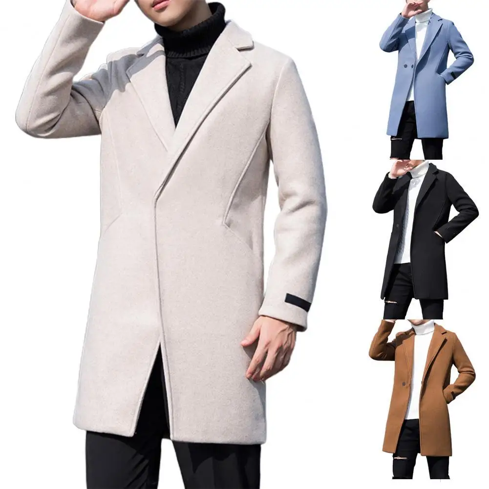 Men Trench Coat Single Button Korean Style Autumn Winter Thick Slim Windbreaker Coat for Daily Wear