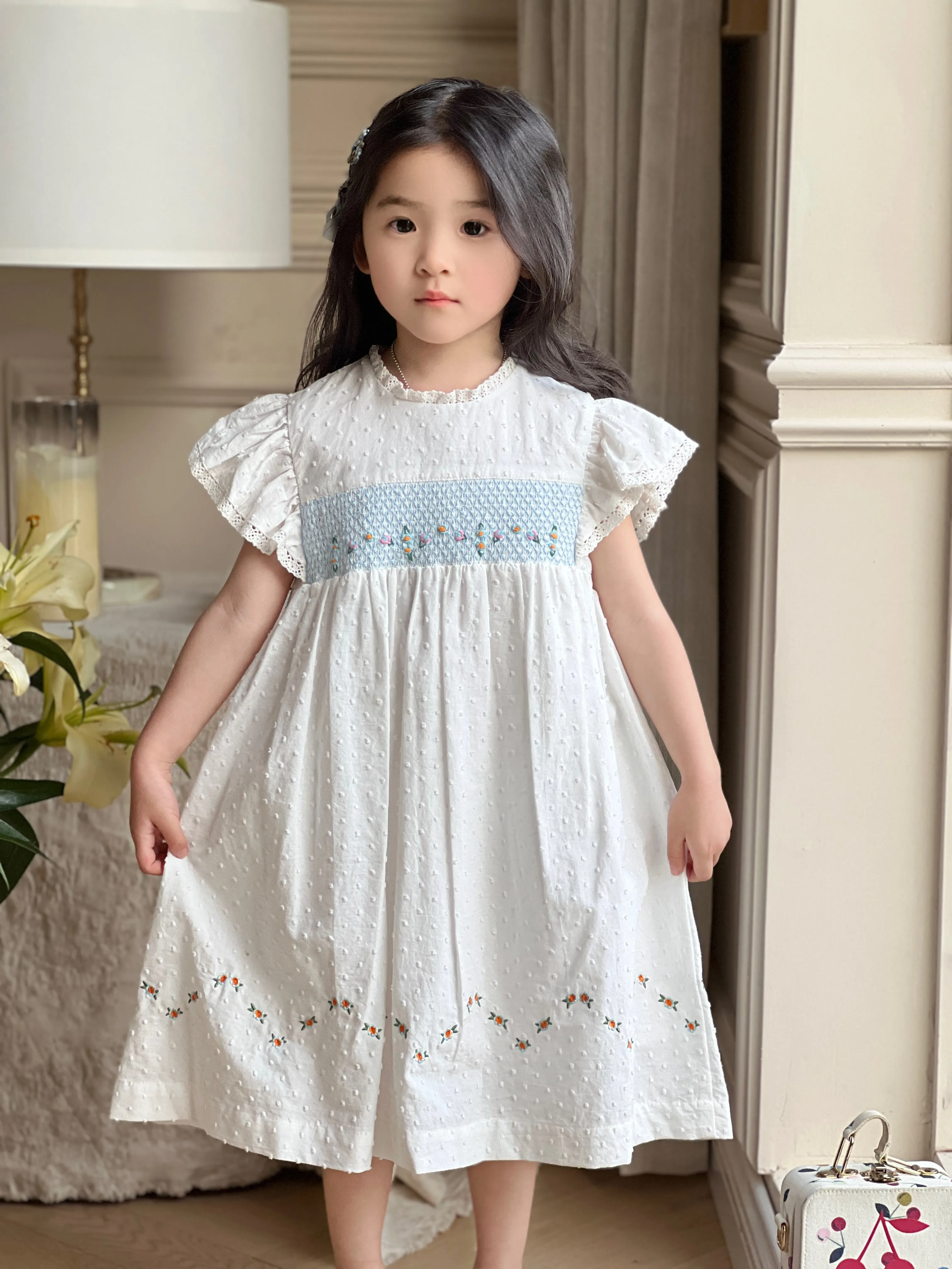 

24 French Style Vintage Smocked Hand Embroidery Cotton One Piece White Dresslab Cici