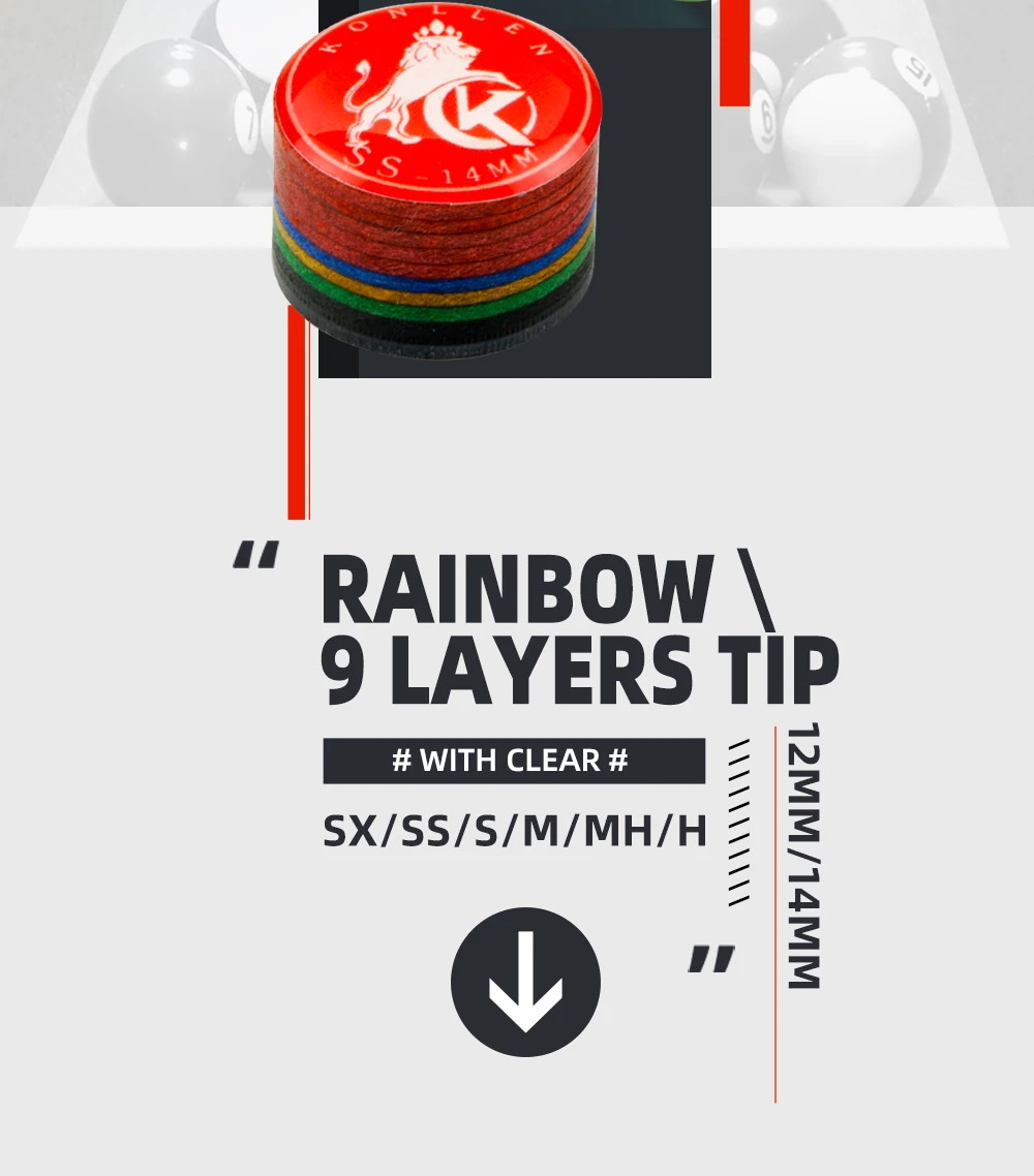 Description Picture 3 of itemKONLLEN Cue Tips Rainbow Tips 11/14mm 9 Multiple-Layers Snooker Hardness S/SS/SX/M/MH/H Billiards Pool Cue Billiard Accessories