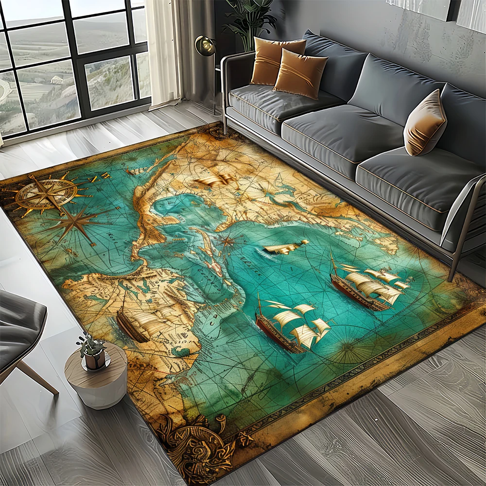Nautical Map Rug – Retro Marine Compass Carpet | Non Slip Floor Mat for Living Room