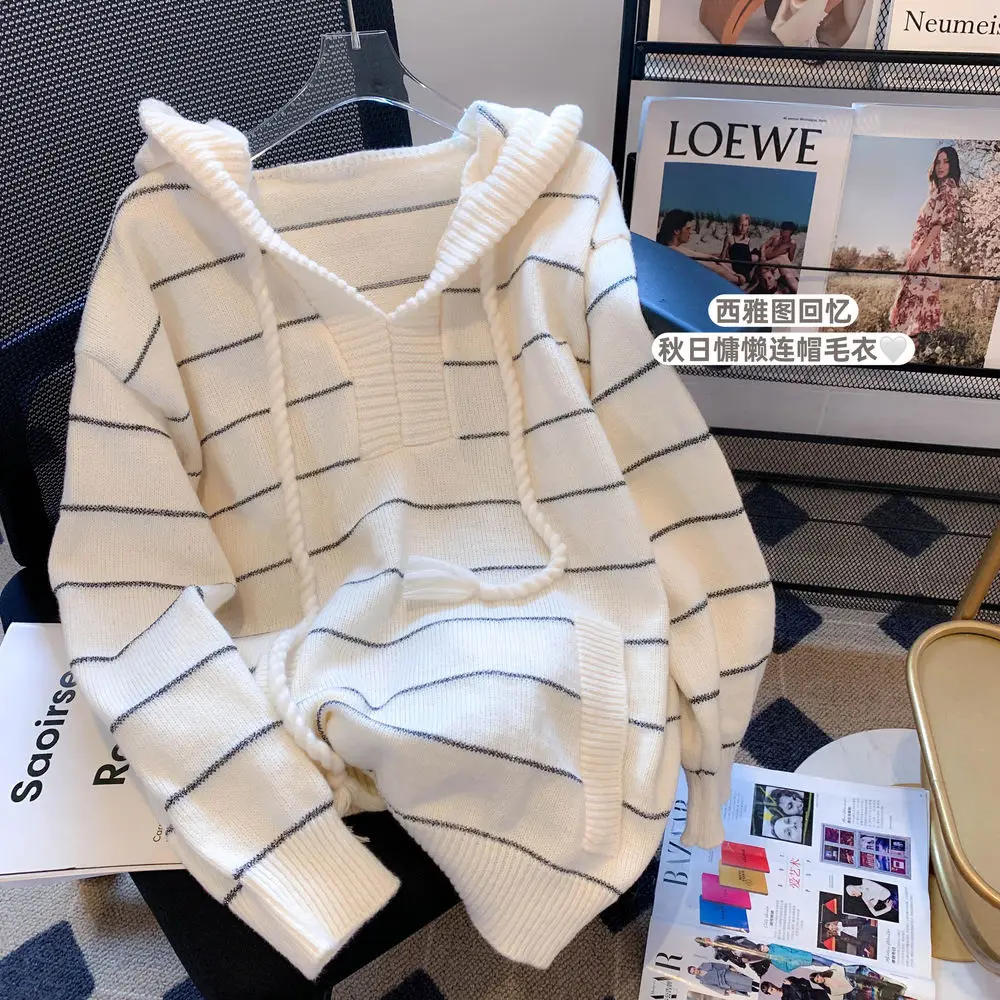 

2024 New, Spring Autumn Preppy Striped Hooded Sweater Coats, Women's Clothing, Long Sleeved Knitted Pullovers Jersey Tops, BC266