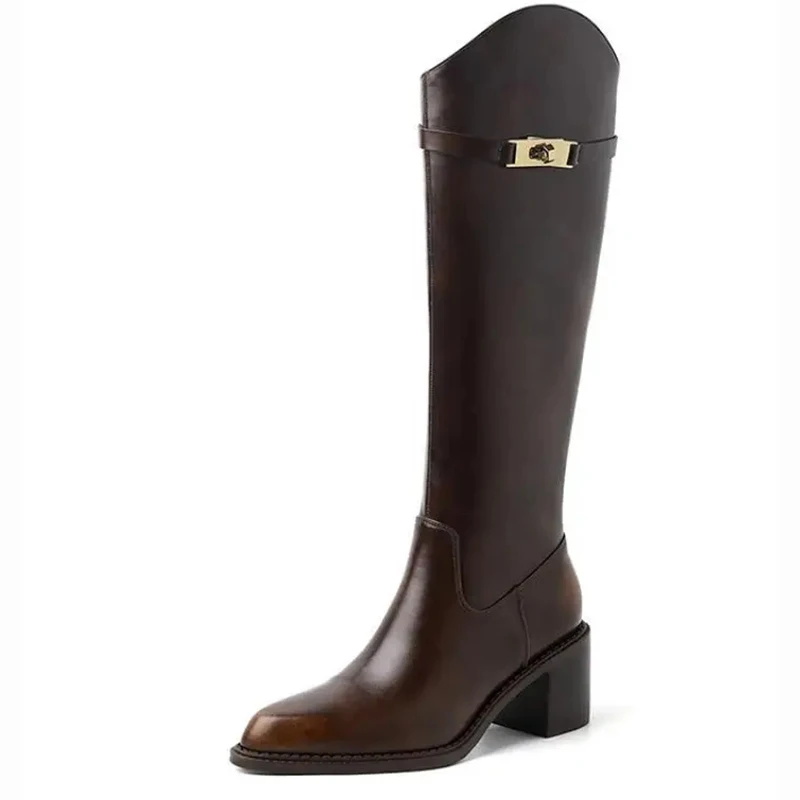 

British Style Metal Belt Buckle Western Boots Leather Custom Pointed Thick Heel Zipper Knight Boots Thin Sexy Women's Boots