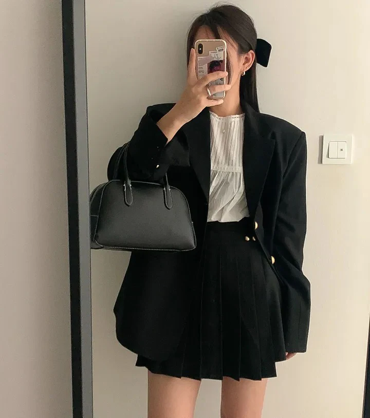 Korean Chic Two-piece Skirt Set Women Single Breasted Blazer Loose Jacket Solid Pleated Mini Skirt Autumn Office Lady Outfits