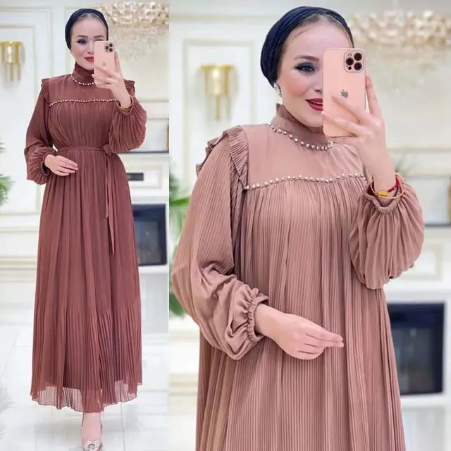 Autumn Winter Muslim Modest Dress Women Pleated Pearls Lantern Sleeves