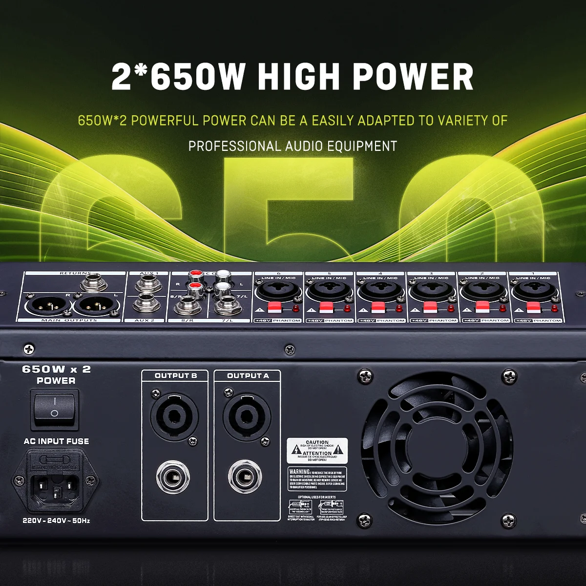 BOMGE Professional 8 Channel 256DSP Audio Sound Mixer with 2&times;650W Power Amplifier,USB,Bluetooth,48V, Metal body for Live Band DJ