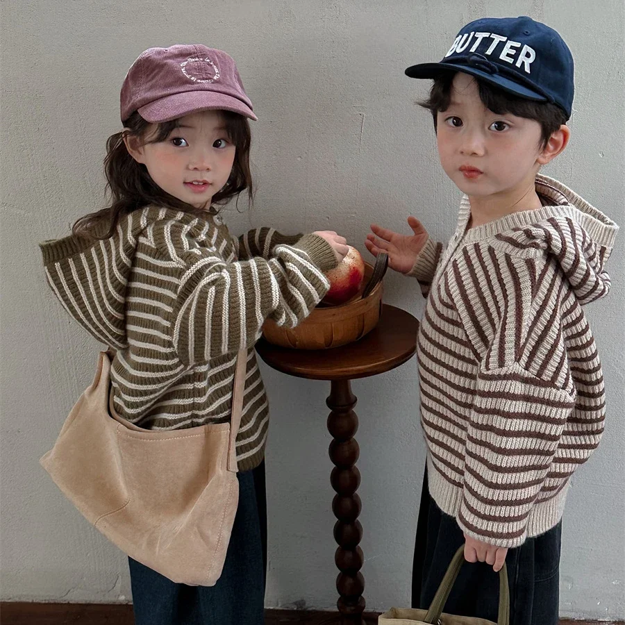 Children Green Striped Graphic Korean Style Pullover Knitwear Sweater