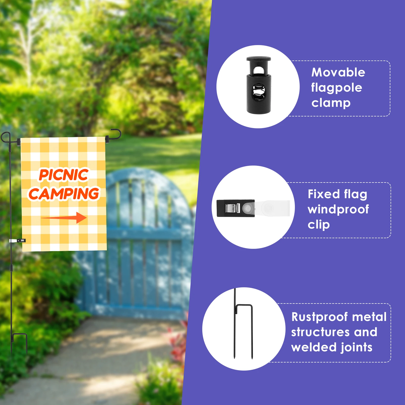 Garden Flag Holder Rust Resistant Wrought Iron Yard Flag Stand with Windproof Clips 34 Inch Metal Flag Poles for Outdoor Decor