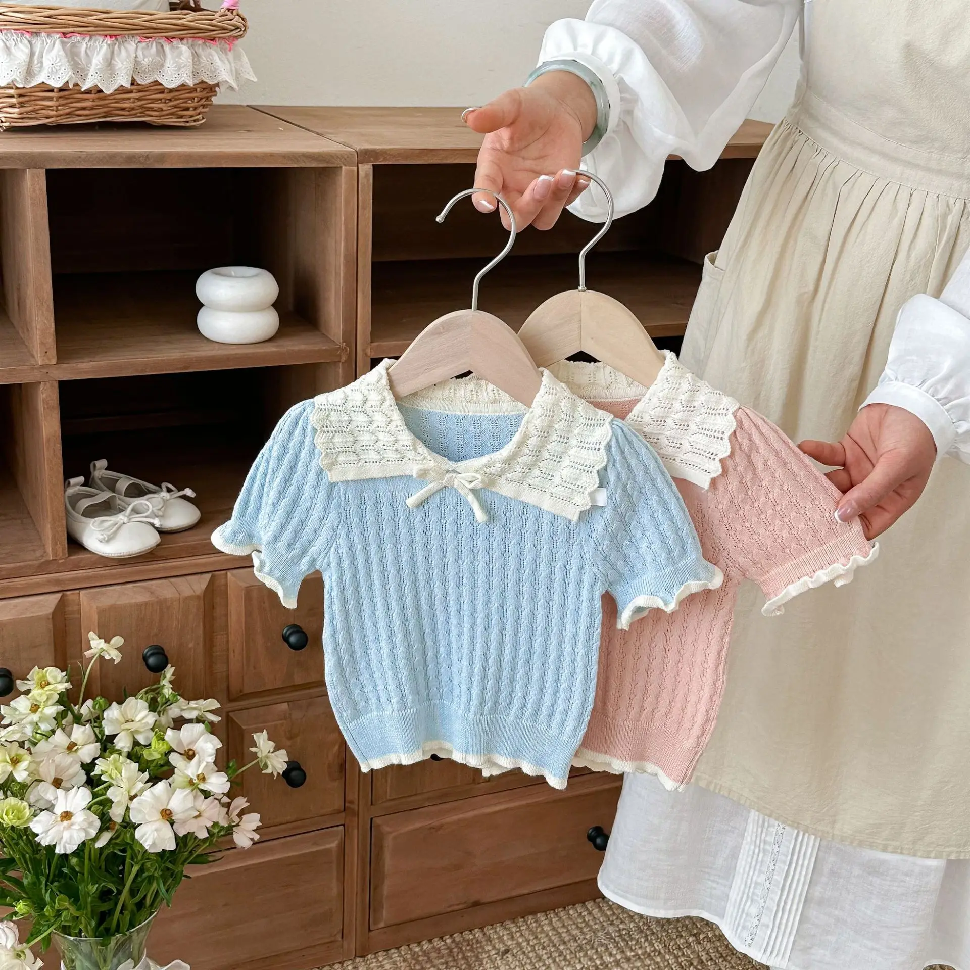  소녀 얇은 니트 스웨터 여름 솔리드 컬러 반팔 한국 스타일  어린이 풀오버 탑..