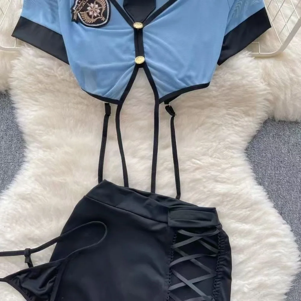 V-Neck Short Sleeve Transparent Crop Top With Elastic Waist A-Line Mini Skirt Set Cosplay Uniform Sexy Lingerie Women's Pajamas