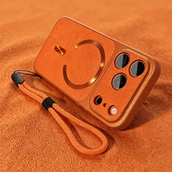 Luxury Orange Fabric Magnetic Phone Case - Shockproof Protective Cover with Hand Lanyard - iPhone 15 (Orange)