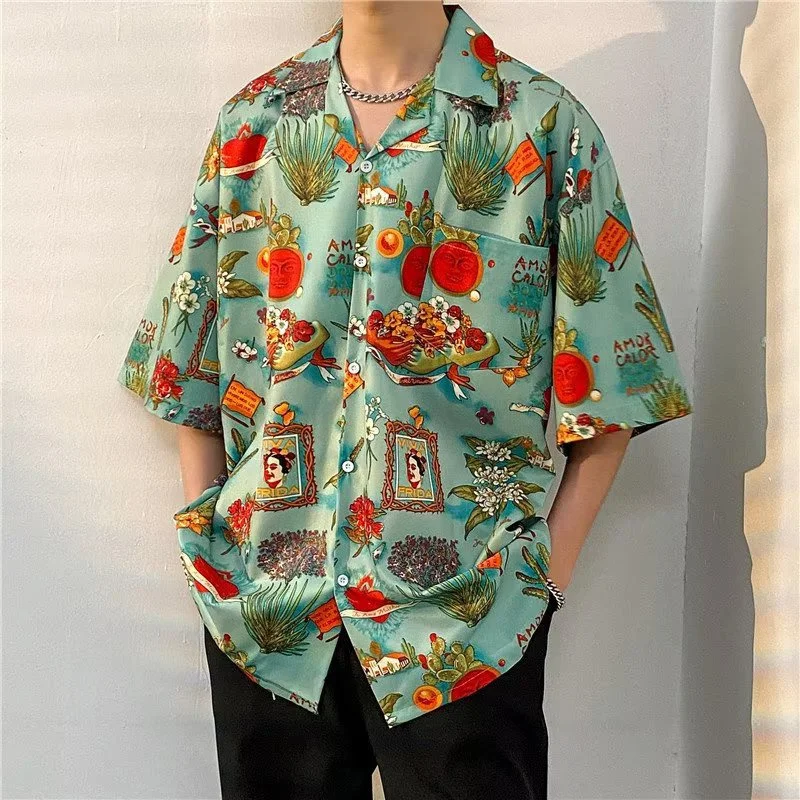 Men's Summer Vintage Hawaiian Beach Half Sleeve Print Shirt Fashion Casual Loose Versatile Handsome Short Sleeve Floral Shirt