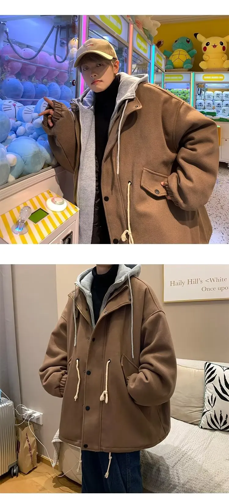 Description Picture 5 of itemFake Two Pieces Blends Men Warm Baggy Hooded American Style Outdoor Drawstring Rib Sleeve Winter Male Classic Overcoats Simple