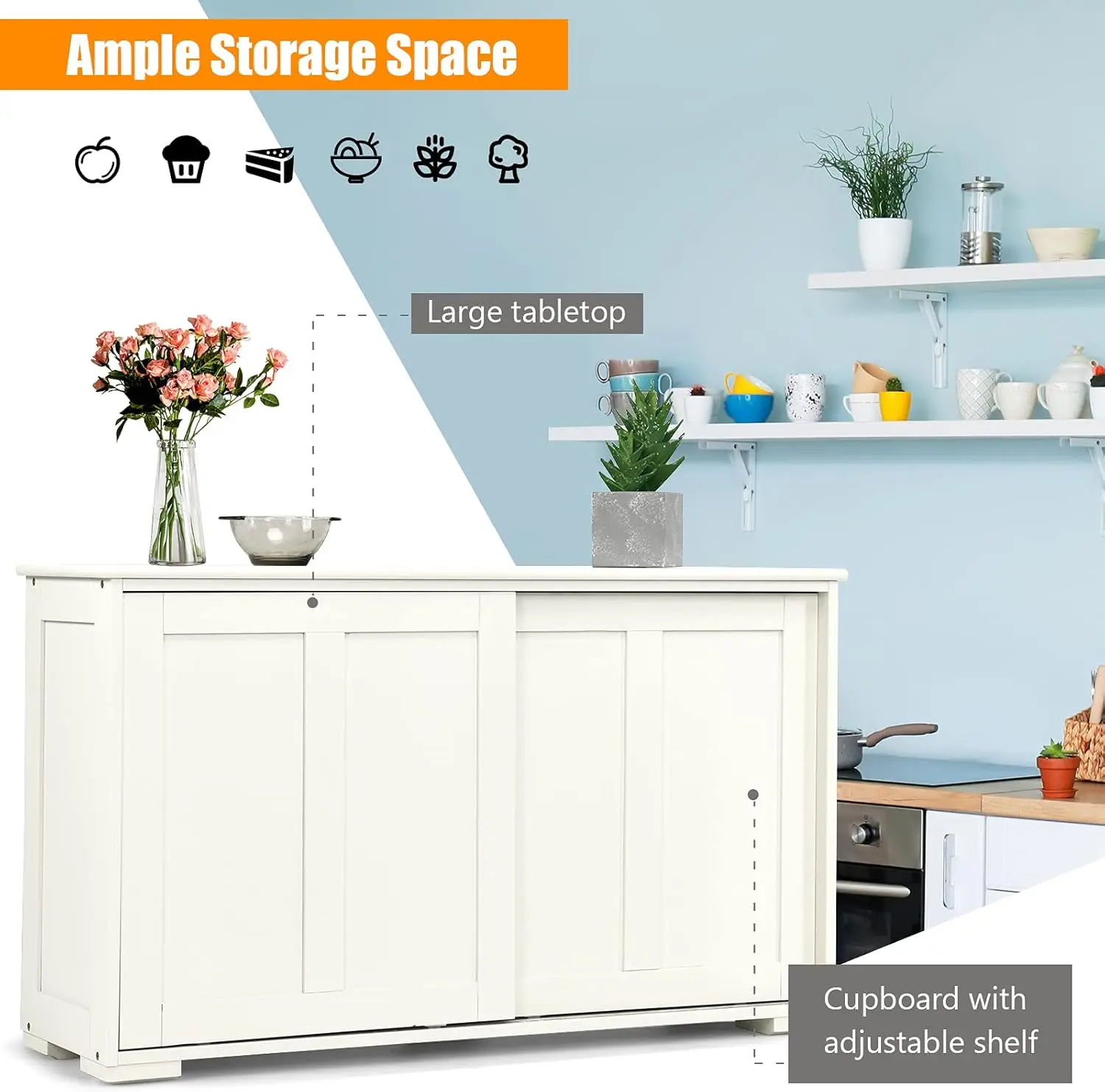 Sideboard Buffet Cabinet, Wooden Kitchen Storage Cabinet with Adjustable Shelf, Sliding Barn Door