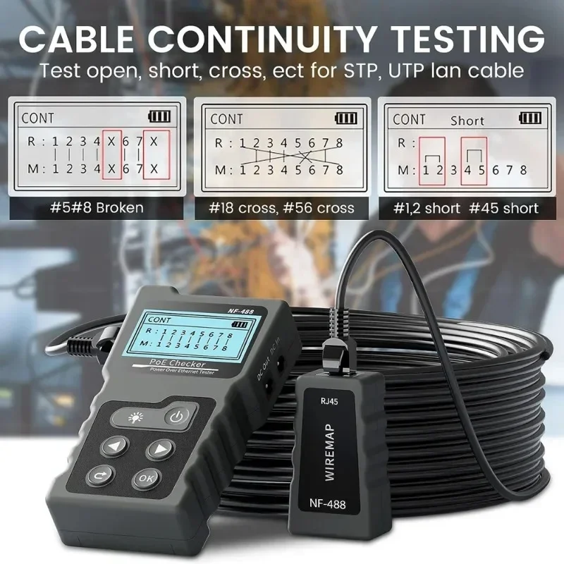 NOYAFA-Network Cable Tester, NF-488 Poe Ethernet Cable Tester, Continuity Tester, DC Power Switch, Loop-Back Test for CAT5e, CAT 5