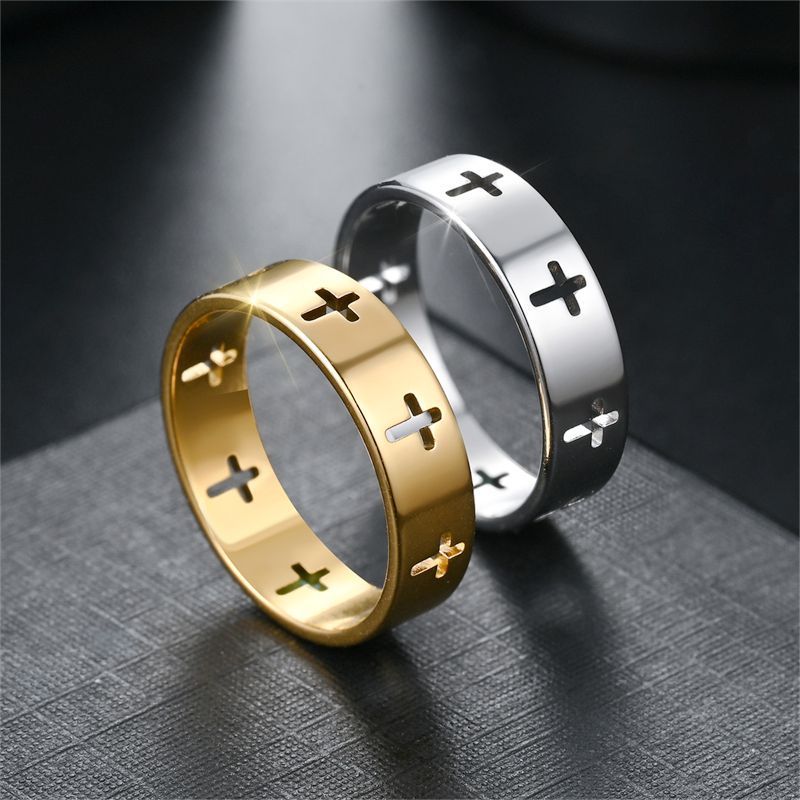 6MM Fashion Cross Hollow Out Women Stainless Steel Rings Gold Color Unique Wedding Ring Jewelry Daily Party Accessories For Gift