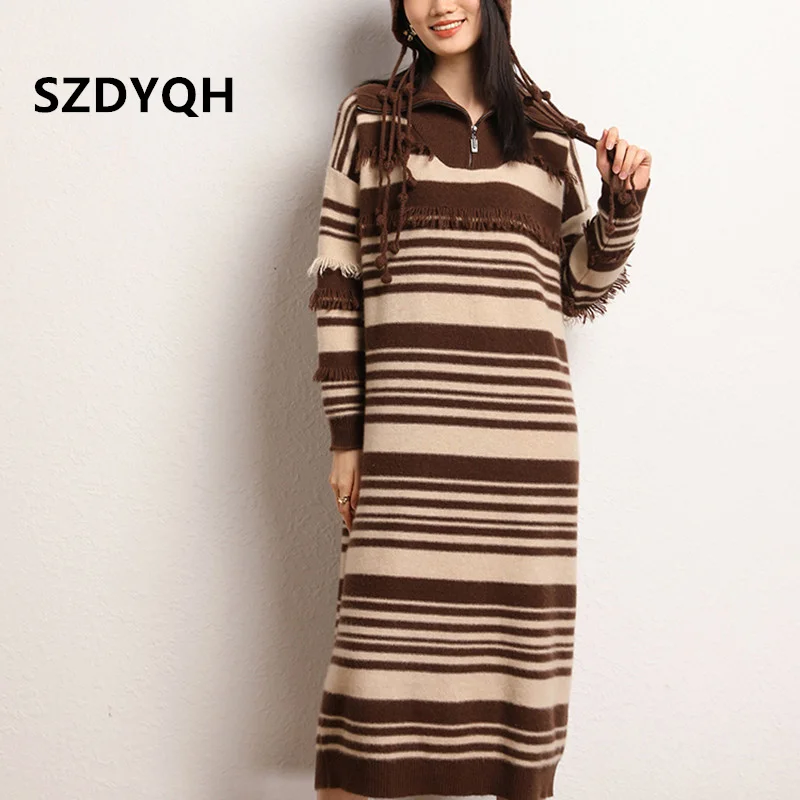 

High-end New 100% Cashmere Sweater Long Dress Autumn Winter Women Fashion Striped Knit Dresses Female Loose Large Size Pullover