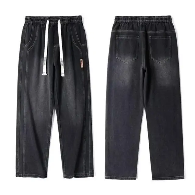 Non-deformed Men Gradient Color Jeans Versatile Men's Elastic Waist Denim Pants Adjustable Drawstring Solid Color for Casual 2