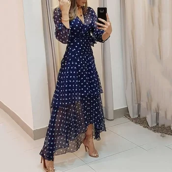 Elegant Party Dress Fashion Dot Printing Dark Blue Pleated Irregular Evening Dresses Casual V-Neck Higt Waist Dress Vestidos 1