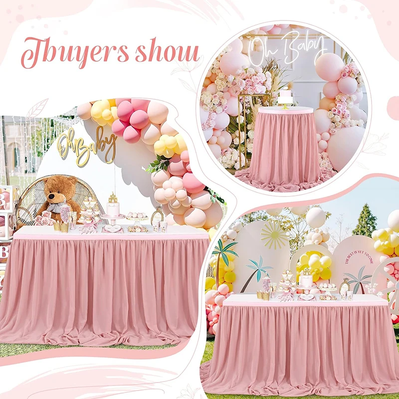 1 Pink Chiffon Table Skirt Rectangle/Round Tables Sheer Tablecloth for Baby Shower Birthday Party Wedding Cake Table Decorations