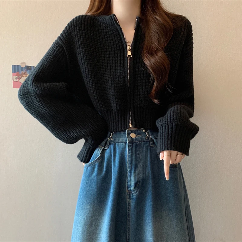 Women's Sweater Zipper O-Neck Long Sleeve Top Knit Cardigan Short Coat Casual Solid Knitwear Korean Winter All-match Basic Top