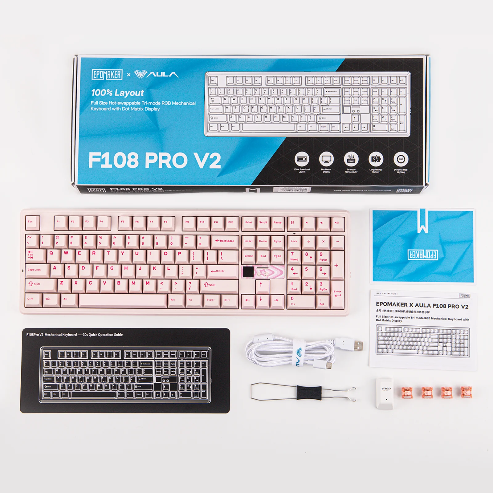 EPOMAKER X AULA F108 PRO V2 100% ANSI US 레이아웃 트라이 모드 크리미 가스켓 무선 기계식 키보드 (픽셀 스크린 & 10000mAh 포함)
