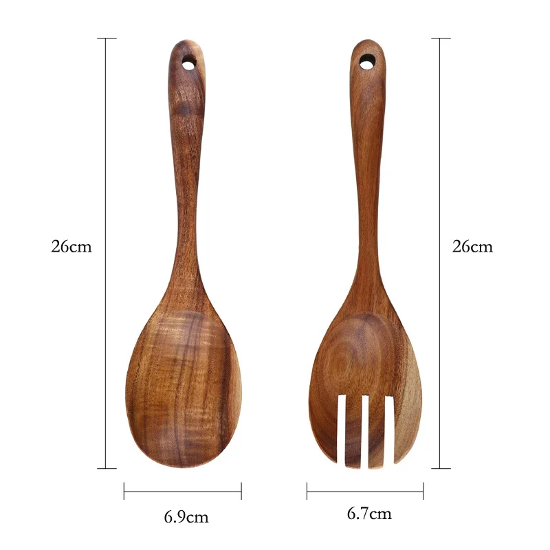 1Pc Wooden Salad Spoon Fork Natural Wood Kitchen Spoon Soup Ladle Long Handle Large Serving Set Salad Server Wood Utensils