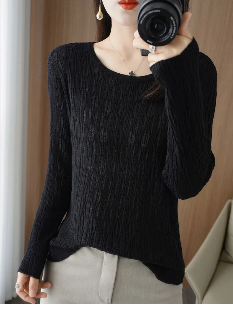 Autumn New Ladies Soft Breathable Sweater Wool Blend O-Neck Pullover Curved Hollow Out Knitted Sweater Slim-Fit Commuter Tops