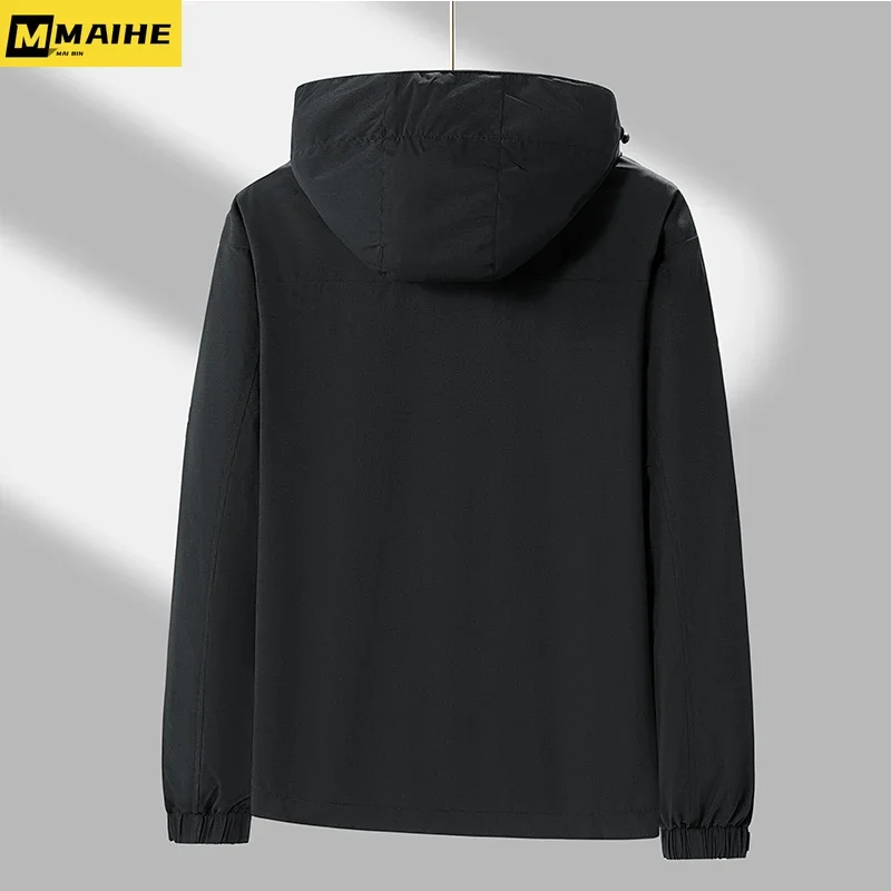 Autumn Men's Splicing Windbreaker Fashion Outdoor Hoodie Single Layer Thin Camping Mountaineering Jacket Men's Solid Color Coat