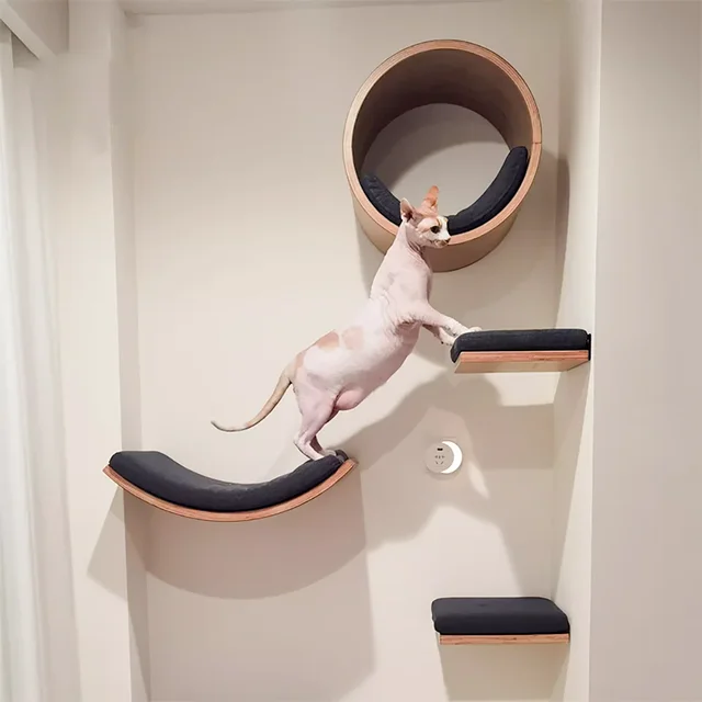Wall Mounted Cat Tree Wooden Shelves Scratching Posts Climbing Cat tower Hammock With Solid Floating Perches Steps and Ladder 2