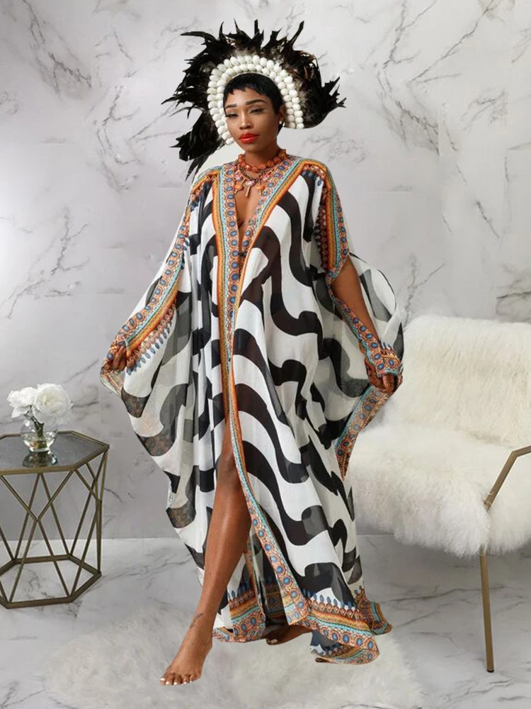 2023 Elegant Kaftan Long Print Tunic Loose Maxi Dress Vintage Bikini Women Summer Clothing Beach Wear Swim Suit Cover Up A2020 1