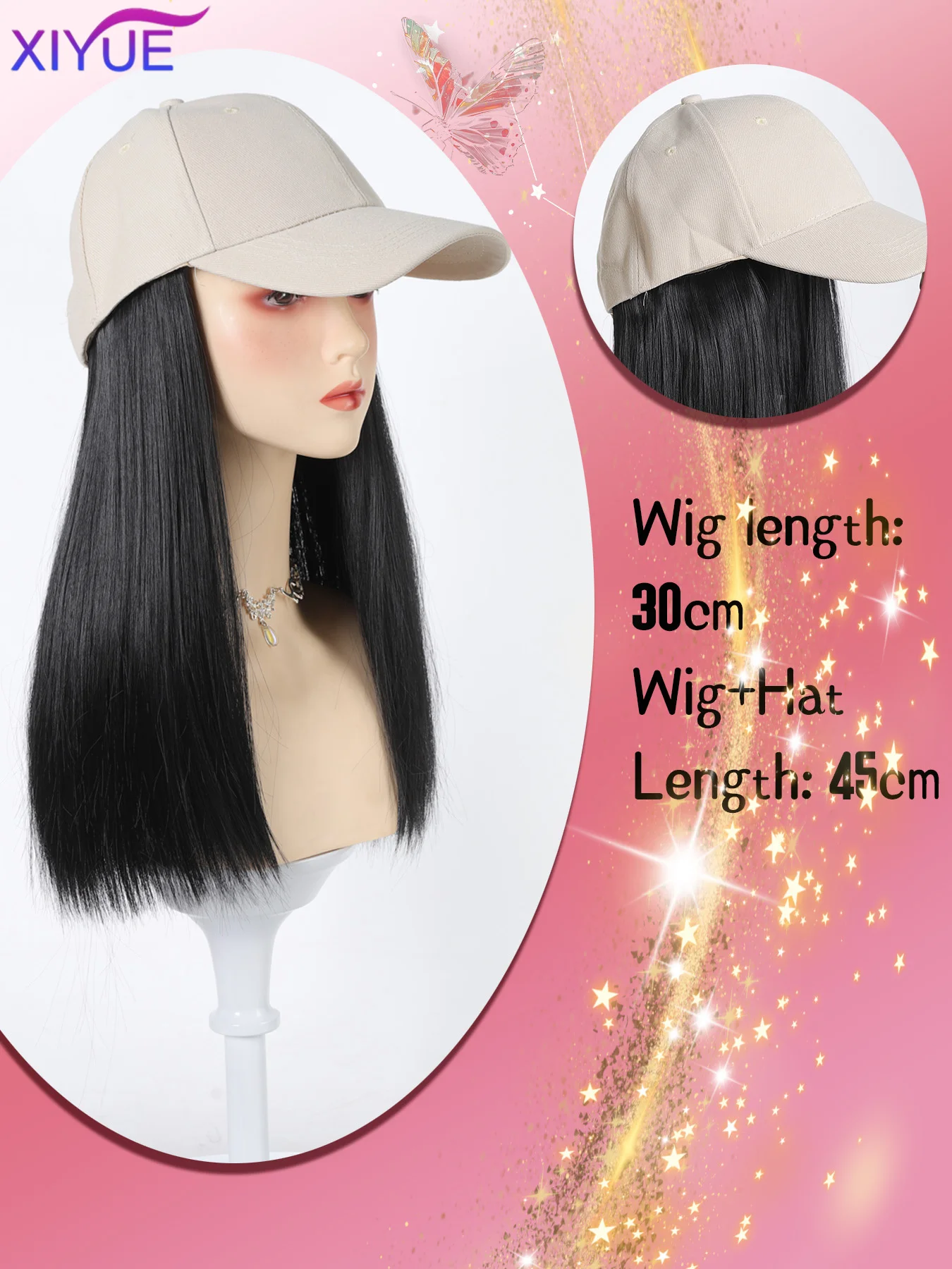 XIYUE Baseball cap wig Synthetic Wigs With White Hat Long Straight Hair Wigs For Women connect Hat One Piece Wig Hat adjustable