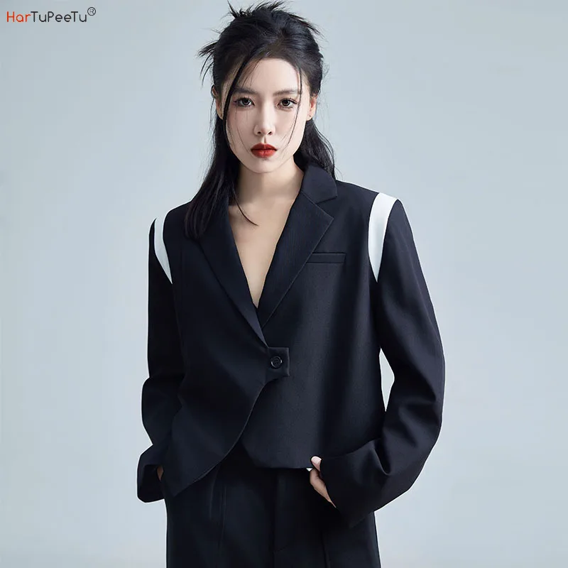 Elegant Women Blazers Irregualr Tailored Coat Black White Block Short Crop Top Single Button Office Ladies Business Jacket office elegant white office short coat elegant women ladies long sleeve button solid stylish trench coat women casaco feminino