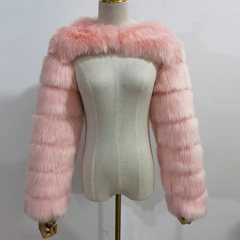 Fashion Winter High Quality Faux Fox Fur Coat Women Elegant Patchwork Long Sleeve Warm Mink Short Jackets Furry Coat Femme Top