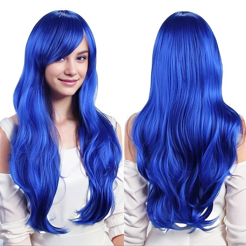 Synthetic Hair Wigs 28 inch colored anime long straight slanted bangs