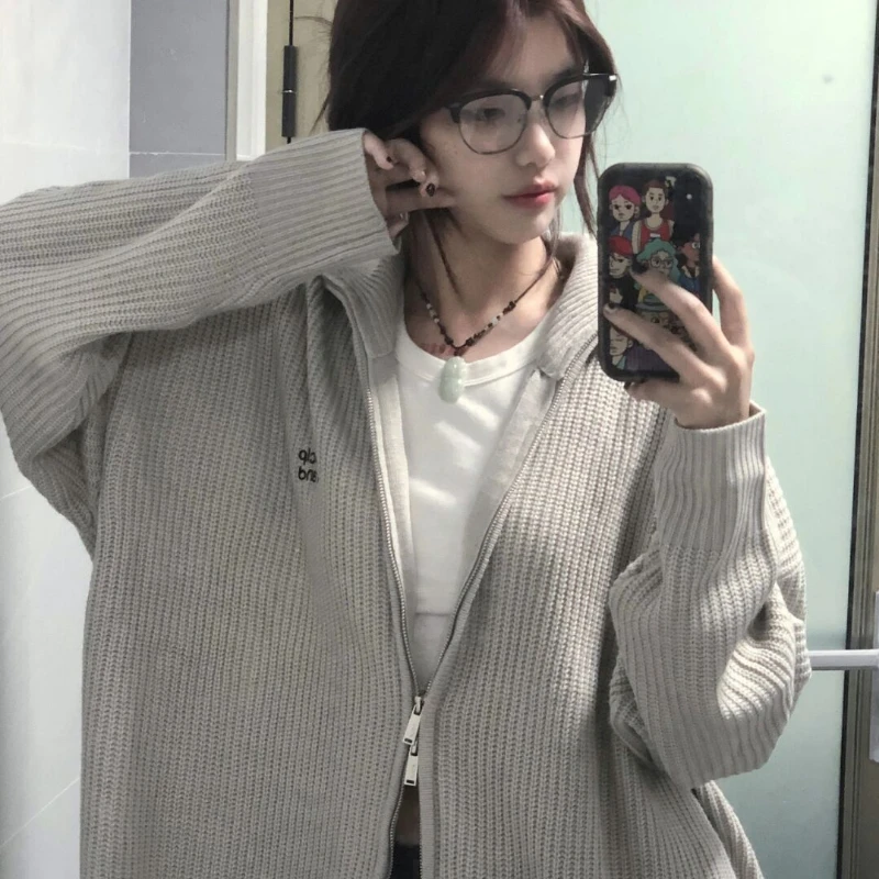 

National Trend Vintage Knitwear Sweater Women's Autumn Letter Design Sense Niche Loose Versatile Cardigan Zipper Jacket Tide