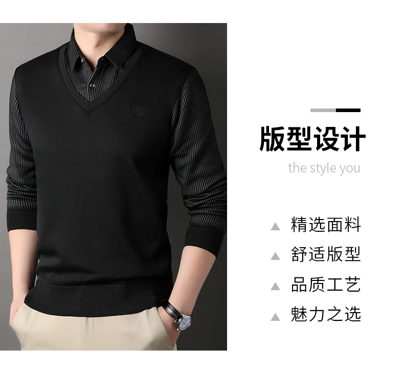 Description Picture 5 of itemAutumn and winter men's fake two knitted cardigans with shirt collar coat men's sweater