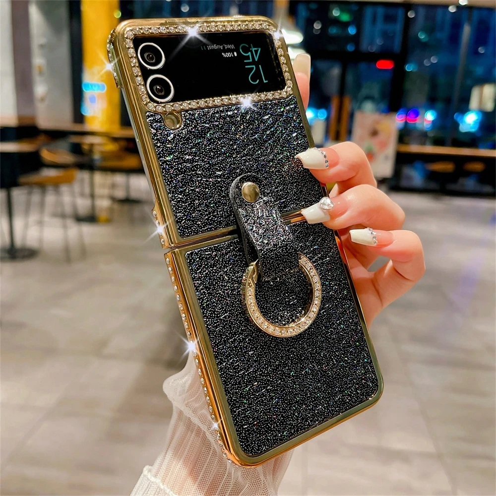Luxury Plating Diamond Round Ring Leather Phone Case - Glitter Shine Shockproof Cover
