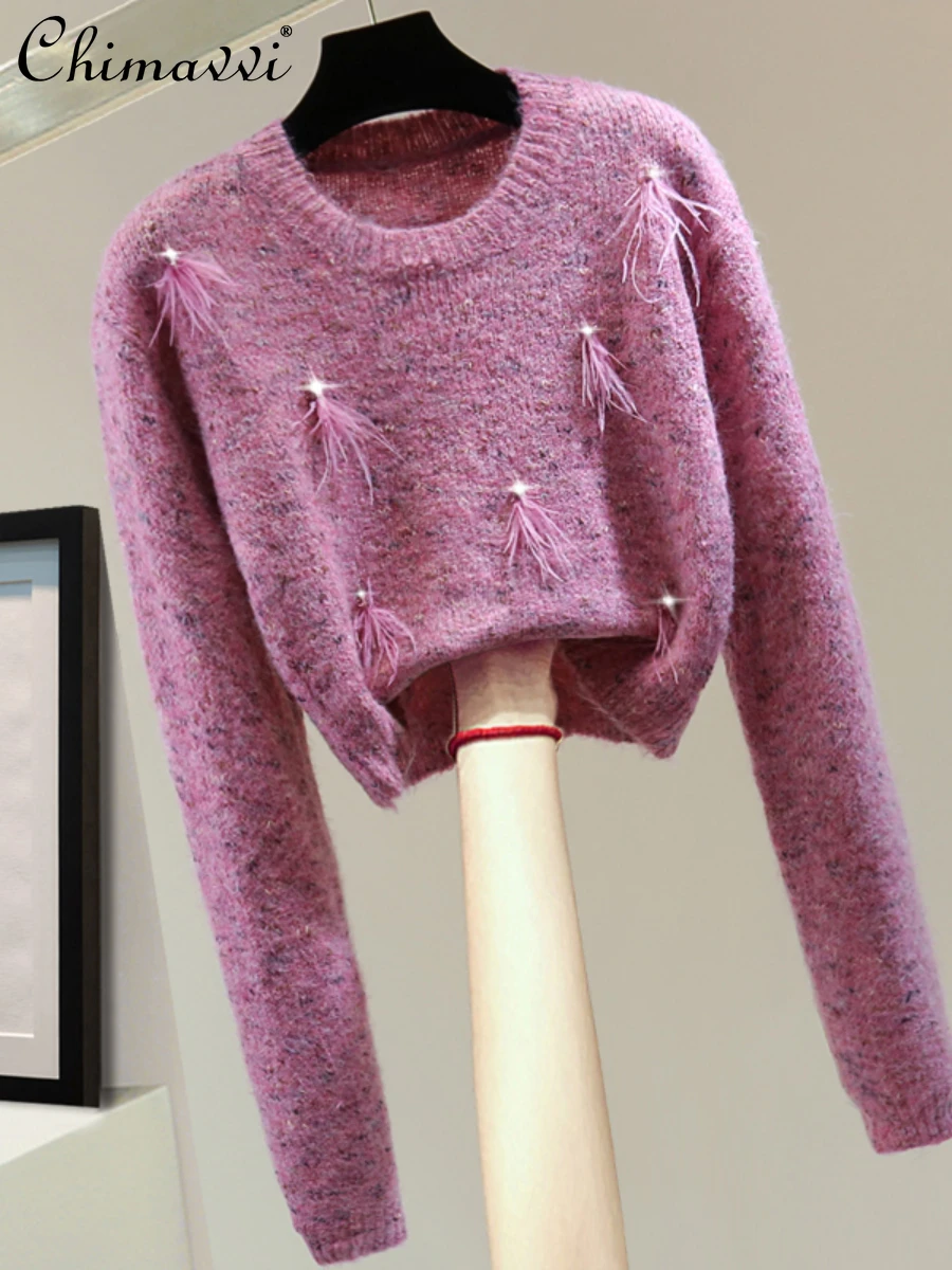 

Feather Stitching Long-Sleeved Top Autumn Winter New Korean Fashion Slim Short Diamond Floral Sweater Women's Pullover Knitwear