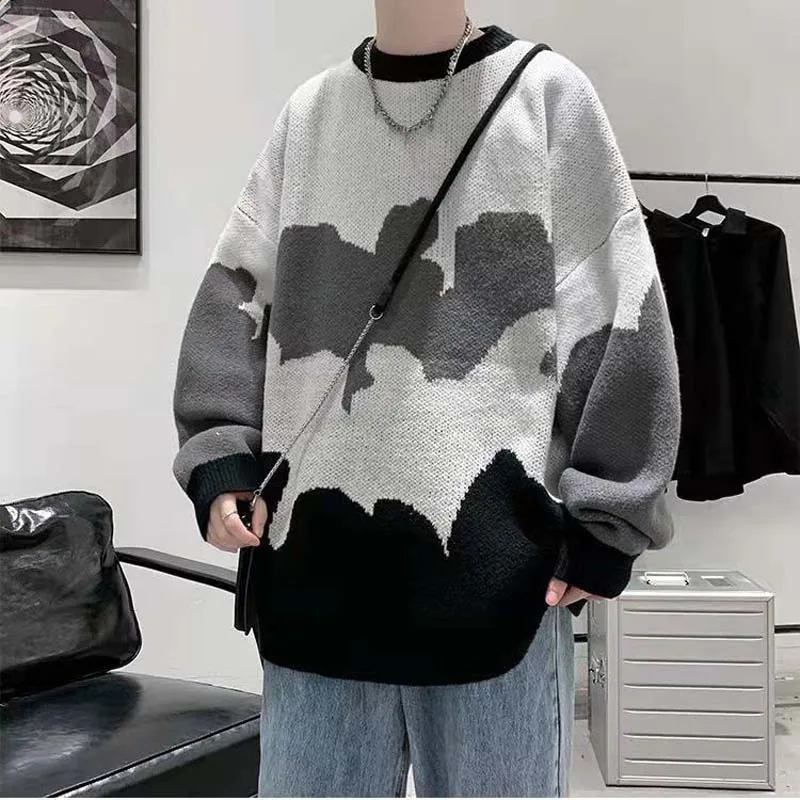 Mens Winter Casual Sweaters Cartoon Cat Pattern Men Pullover Fit Knitted Round Neck Male Funny Sweater Thicken Warm Kitten Cute