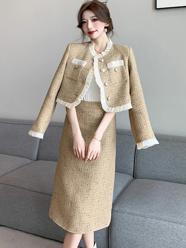 

Autumn Small Fragrance Women's Tweed Two Piece Sets Elegant Ruffles Short Jacket + High Waist OL Skirts Suit Temperament Clothes