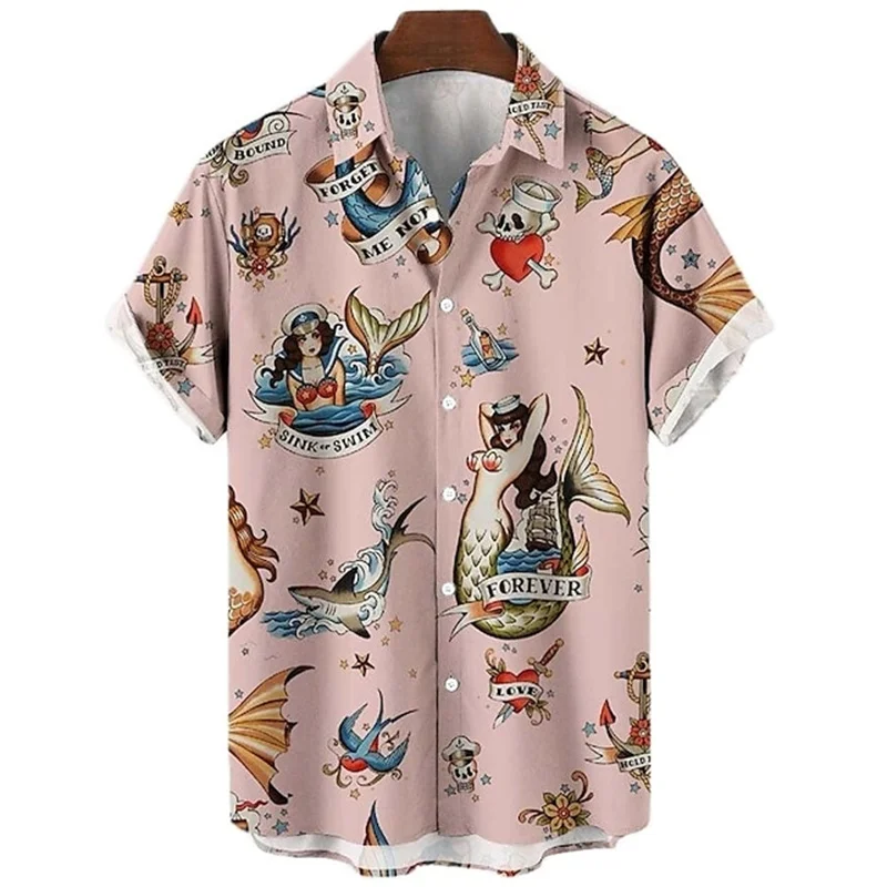 Mermaid retro printed shirts Men's European and American pattern Summer casual short sleeved shirt Hawaiian button 3